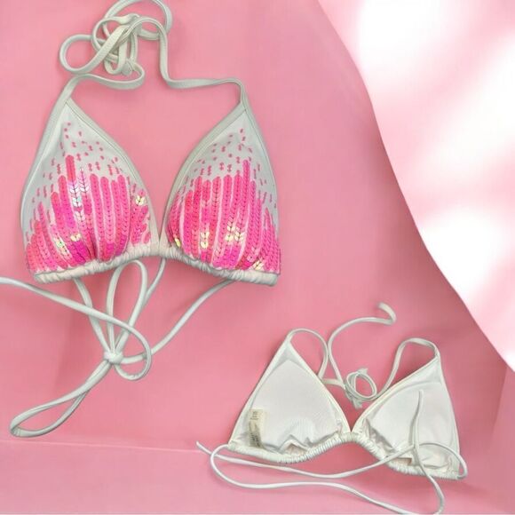 Victoria’s Secret l White w/ Pink Sequins l Triangle Bikini Top l Small l EUC - Picture 5 of 11